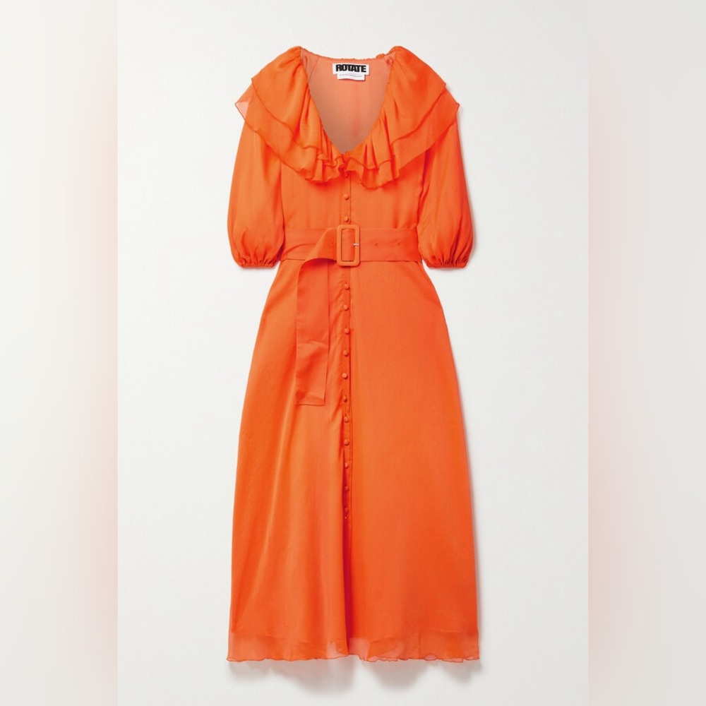 ROTATE Birger Christensen Ellie Vibrant Orange Belted Chiffon Midi Dress Size 8